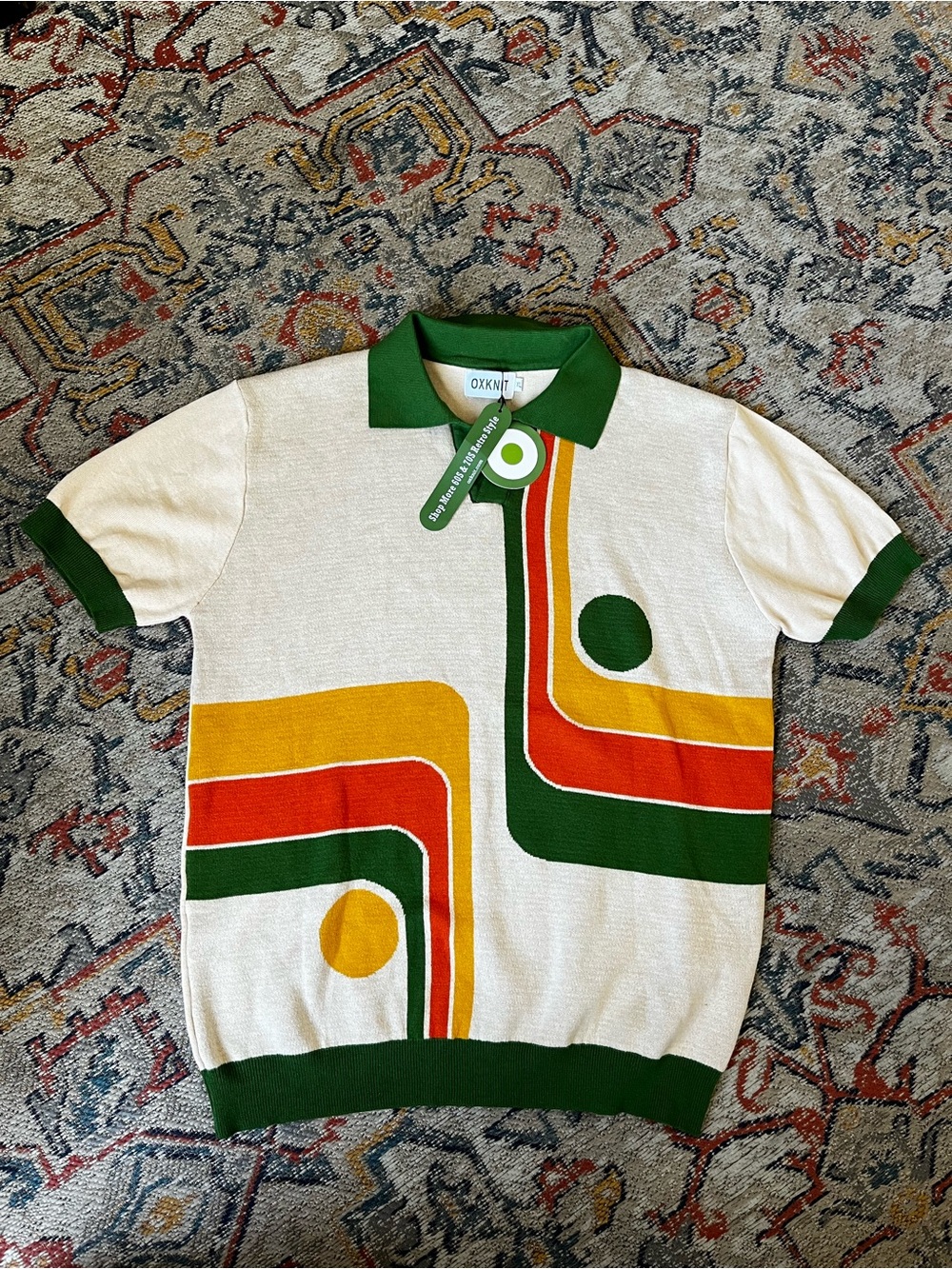 Oxknit Cream Retro-Stripe Men's Short-Sleeve Sweater with Green Collar XL
